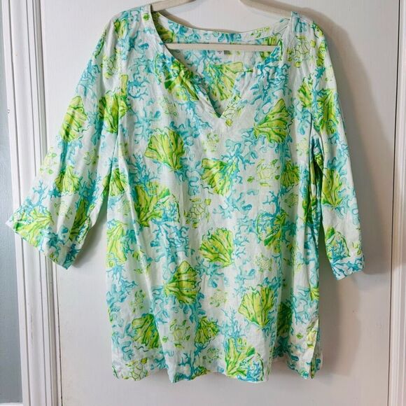 J Jill Love Linen summer sea print notch neck tunic M - Picture 1 of 9